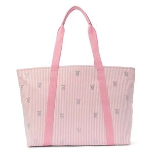 VICTORIA'S SECRET HERITAGE PINK STRIPED CANVAS TOTE BAG ZIPPER RHINESTONES NWT